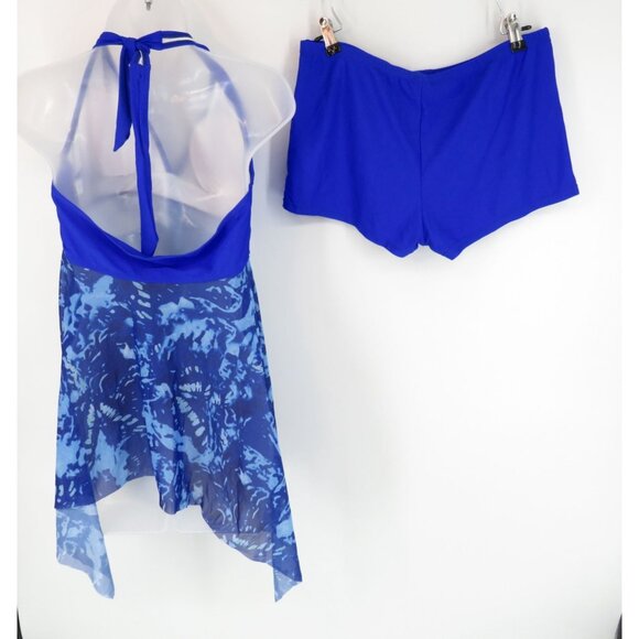 Womens Blue Halter Tankini Swimsuit Set Shorts Sheer Handkerchief Hem 2XL NWOT - Picture 2 of 2